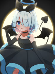  1girl :3 :d absurdres alternate_costume arona_(blue_archive) black_background black_bow black_choker black_dress black_gloves black_hairband black_thighhighs blue_archive blue_eyes blue_hair blue_halo blush bow bow_hairband braid braided_sidelock choker colored_inner_hair commentary_request cowboy_shot dress elbow_gloves fang gloves hair_over_one_eye hairband halo highres looking_at_viewer medium_hair multicolored_hair petako_(ptpt_k) pink_hair sidelocks single_braid single_thighhigh sleeveless sleeveless_dress smile solo spaghetti_strap thigh-highs yellow_background 