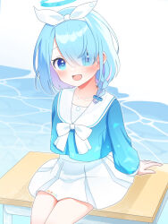  1girl :d absurdres arona_(blue_archive) blue_archive blue_eyes blue_hair blue_halo blue_shirt blush bow bow_hairband bowtie braid caustics collarbone colored_inner_hair commentary_request cowboy_shot desk gradient_clothes gradient_shirt hair_over_one_eye hairband halo highres long_sleeves looking_at_viewer miniskirt multicolored_hair on_desk open_mouth petako_(ptpt_k) pink_hair pleated_skirt sailor_collar school_desk shirt sidelocks single_braid sitting skirt smile solo water white_background white_bow white_bowtie white_hairband white_sailor_collar white_skirt 
