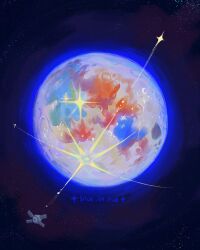  ahblue artemis_program artist_name black_background blue_background commentary english_commentary full_moon highres moon moonlight no_humans original satellite space sparkle star_(sky) 