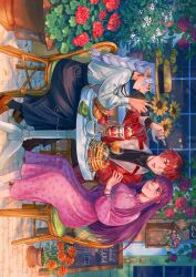 1boy 2girls braid braided_ponytail closed_mouth coffee croissant dress earrings elf fern_(sousou_no_frieren) flower food frieren green_eyes hat highres jacket jam jewelry juice long_hair multiple_girls munette pancake pancake_stack pointy_ears purple_dress purple_hair red_eyes red_hair red_jacket sitting smile sousou_no_frieren stark_(sousou_no_frieren) teardrop_earrings violet_eyes 