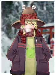  1girl animal_print averting_eyes blurry blurry_background blush border breath brown_hat brown_jacket commentary_request frog_print green_shirt hands_in_pockets hat highres jacket long_sleeves looking_to_the_side moriya_suwako open_clothes open_jacket outside_border pi-nattus print_shirt red_scarf scar scar_on_face scarf scarf_on_head shirt short_hair solo string torii touhou upper_body white_border white_shirt yellow_eyes 