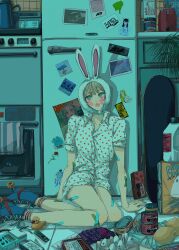  1girl animal_hood bandaid bandaid_on_arm bandaid_on_leg bare_legs blonde_hair blue_eyes blush clutter collared_shirt floor heart heart_print highres hood kitchen looking_to_the_side messy_room najuco_(naju0517) original pajamas refrigerator rubber_duck shirt shoes short_sleeves shorts sitting skateboard sneakers socks solo striped_clothes striped_socks 