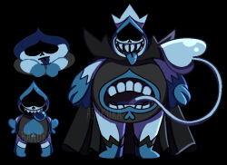  2016 2boys 2d abakura artist_name black_background black_cape blue_boots blue_gloves blue_tongue boots cape colored_tongue commentary creature deltarune digital_media duo english_commentary fat fat_man father_and_son full_body gloves hands_on_own_hips height_difference king_(deltarune) lancer_(deltarune) male male_focus male_only multiple_boys multiple_views oekaki open_mouth sharp_teeth simple_background size_difference spade_(shape) standing stomach_mouth straight-on teeth tongue tongue_out utdr_(toby_fox) watermark 