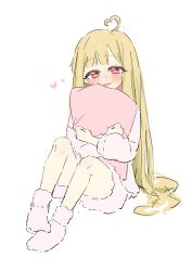  1girl absurdres ahoge blonde_hair blunt_bangs cho_kaguya-hime! commentary_request fluffy_clothes fluffy_legwear full_body heart heart_ahoge highres hugging_object kaguya_(cho_kaguya-hime!) long_hair long_sleeves looking_at_viewer open_mouth pillow pillow_hug pink_shirt pink_shorts pink_socks red_eyes shioyaki_tomato shirt shorts simple_background sitting smile socks solo straight_hair very_long_hair white_background 