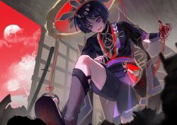  1boy black_bodysuit black_hair black_kimono black_shorts black_sleeves blood blood_on_clothes blood_on_hands blunt_ends blurry bodysuit clouds depth_of_field eyelashes eyeliner from_below furisode fuyuhoshi27 genshin_impact gold gold_trim grey_veil hand_up hat highres indoors japanese_clothes jewelry jingasa juban katana kimono layered_shorts layered_sleeves looking_down lower_teeth_only makeup male_focus mandarin_collar mitsudomoe_(shape) multicolored_hair neck_ring o-ring open_clothes open_kimono open_mouth parted_bangs planted planted_sword purple_hair purple_rope purple_sash purple_shorts purple_sleeves red_eyeliner red_hat red_kimono red_sash red_sky rope sash scaramouche_(genshin_impact) shimenawa short_sleeves shorts shouji sky sliding_doors solo streaked_hair sun sword tassel teeth tomoe_(symbol) tree tsurime veil violet_eyes weapon white_kimono white_rope wispy_bangs 