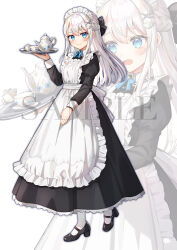  1girl apron back_bow black_bow black_dress black_shoes blue_eyes blush bow braid closed_mouth commentary_request cup cup_hair_ornament different_zoom_layer dress fork_hair_ornament frilled_apron frills full_body grey_hair hair_bow hair_ornament half_up_braid hand_on_own_thigh high_heels highres holding holding_tray indie_virtual_youtuber juliet_sleeves long_dress long_hair long_sleeves maid maid_apron maid_headdress mary_janes mole mole_under_eye nagino_mashiro open_mouth pantyhose puffy_sleeves sample_watermark shinishi_chiho shoes sleeve_cuffs smile solo teacup teapot tray virtual_youtuber watermark white_apron white_pantyhose 