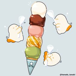  artist_name commentary_request food ghost grey_background hanada_tanuki holding holding_spoon ice_cream ice_cream_cone multiple_scoops no_humans original sheet_ghost simple_background spoon too_many too_many_scoops 