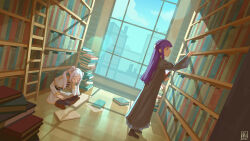  2girls alina_l arm_up belt belt_buckle black_belt black_boots black_coat black_pantyhose blunt_bangs blunt_ends blurry bokeh book book_stack bookshelf boots brown_boots buckle building capelet checkered_floor closed_eyes closed_mouth clouds coat commentary day depth_of_field dutch_angle earrings elbow_rest elf english_commentary fern_(sousou_no_frieren) frieren from_side gold_trim hair_ornament half_updo head_rest highres holding holding_book indian_style indoors jewelry knee_boots ladder library long_hair long_sleeves looking_at_object multiple_girls on_floor open_book pantyhose parted_bangs pointy_ears profile purple_hair shirt signature sitting skirt sousou_no_frieren standing teardrop_earrings twintails twitter_username violet_eyes white_capelet white_hair white_shirt white_skirt window 