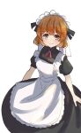  1girl alternate_costume apron black_dress brown_eyes brown_hair dress enmaided frilled_apron frills highres kantai_collection maid maid_headdress oboro_(kancolle) simple_background smile solo tsumorin_(tumori) white_apron white_background 