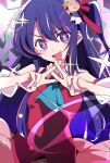  1girl blue_necktie commentary_request double_v dress hair_ornament hair_ribbon hoshino_ai_(oshi_no_ko) idol ixy long_hair looking_at_viewer necktie open_mouth oshi_no_ko pink_nails purple_hair rabbit_hair_ornament red_dress ribbon smile solo sparkle star-shaped_pupils star_(symbol) symbol-shaped_pupils v violet_eyes 