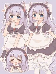  >_< 1girl animal_ears asakawa_kagura black_dress blue_eyes cat_ears cat_girl cat_tail chinese_commentary colon_br commentary_request commission dress fang hand_up highres indie_virtual_youtuber long_hair maid maid_headdress mixed-language_commentary multi-source_commentary multiple_views open_mouth puffy_short_sleeves puffy_sleeves purple_hair short_sleeves skeb_commission skin_fang tail 