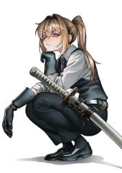  1girl belt black_gloves black_pants black_shoes black_socks black_vest blonde_hair bright_pupils collared_shirt fang full_body gloves hair_intakes highres kakashi_(ka_kshi) katana long_hair looking_at_viewer mole mole_under_eye multiple_moles original pants ponytail sheath sheathed shirt shoes simple_background skin_fang socks solo squatting sword vest violet_eyes weapon white_background white_belt white_pupils white_shirt 