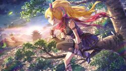  1girl blonde_hair card_commentary commentary_request day emily_stewart fingerless_gloves floating_hair floral_print game_cg gloves idolmaster idolmaster_million_live! idolmaster_million_live!_theater_days in_tree kunai long_hair ninja official_alternate_costume official_art outdoors print_scarf purple_skirt red_scarf scarf shoes shuriken single_thighhigh sitting sitting_in_tree skirt solo sunlight thigh-highs third-party_source tree twintails weapon 