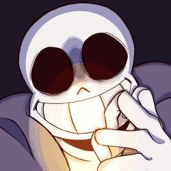  1:1 1boy 2023 2d black_background close-up commentary digital_media english_commentary gloves grey_hood head_tilt highres hollow_eyes hood hood_down hooded_jacket humanoid male male_focus male_only monster monster_boy onerudegentlman own_hands_together palms_together sans_(undertale) shirt simple_background skeleton solo teeth undead undertale utdr_(toby_fox) white_gloves 