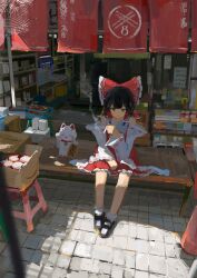  1girl absurdres ascot black_shoes bow box brown_hair cardboard_box cigarette commentary detached_sleeves frilled_bow frilled_hair_tubes frills hair_bow hair_tubes hakurei_reimu highres holding holding_cigarette koukouya long_hair maneki-neko mary_janes red_bow red_skirt ribbon-trimmed_sleeves ribbon_trim shoes shop sitting skirt skirt_set smoking socks solo stool touhou translation_request white_socks yellow_ascot 