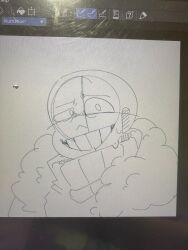  1boy 2023 2d art_program_in_frame clip_studio_paint_(medium) commentary digital_media english_commentary fur-trimmed_jacket fur_trim half-closed_eye highres hollow_eyes humanoid jacket looking_at_viewer male male_focus male_only monochrome monster monster_boy onerudegentlman open_clothes open_jacket photo_(medium) portrait sans_(undertale) simple_background skeleton sketch solo sweat sweater teeth undead undertale uneven_eyes unfinished utdr_(toby_fox) white_background 