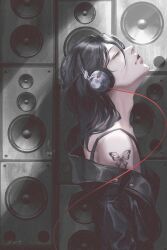  1girl absurdres bare_shoulders black_hair black_jacket breasts butterfly_tattoo closed_eyes commentary doloyume english_commentary face_piercing facing_up from_side hair_between_eyes head_back headphones highres jacket jacket_partially_removed leather leather_jacket lip_piercing listening_to_music medium_hair mole mole_under_eye original parted_lips piercing profile shoulder_tattoo signature small_breasts solo speaker tattoo upper_body 