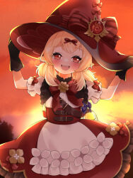  1girl :d absurdres adjusting_clothes adjusting_headwear backlighting black_bow black_gloves blonde_hair blush bow commentary_request cowboy_shot crossed_bangs double-parted_bangs dress frilled_dress frills genshin_impact gloves gradient_sky hair_bow hands_up hat hat_bow hat_ribbon highres klee_(genshin_impact) large_hat long_hair looking_at_viewer orange_sky outdoors petako_(ptpt_k) puffy_short_sleeves puffy_sleeves red_bow red_dress red_eyes red_hat red_ribbon ribbon short_sleeves sidelocks sky smile solo standing sunset teeth two-tone_dress upper_teeth_only vision_(genshin_impact) white_dress witch_hat 