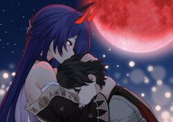  1boy 1girl acheron_(honkai:_star_rail) acheron_(izumo)_(honkai:_star_rail) aldided alternate_costume bandaged_arm bandages bare_shoulders black_kimono blue_sky blurry body_markings brown_hair closed_eyes commission couple depth_of_field detached_collar english_commentary fireflies full_moon glowing hair_intakes hair_ornament hair_over_one_eye head_on_chest hetero highres honkai:_star_rail honkai_(series) horns hug japanese_clothes kimono leaning_forward long_hair long_sleeves looking_down moon night oc_x_canon off_shoulder original purple_hair red_horns red_moon second-party_source sky star_(sky) starry_sky vest violet_eyes wide_sleeves 