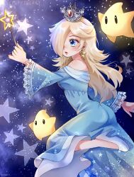  1girl absurdres artist_name blonde_hair blue_dress blue_eyes commentary crown dress earrings eyelashes from_side gem hair_over_one_eye high_heels highres holding holding_wand jeweled_crown jewelry lace-trimmed_sleeves lace_trim leg_up lips long_dress long_hair long_sleeves luma_(mario) red_gem rosalina scruffyart silver_crown space star_(sky) star_(symbol) star_earrings starry_sky_background super_mario_bros. super_mario_galaxy wand 