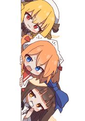  3girls :3 :d black_bow black_bowtie blonde_hair blue_bow blue_eyes blush bow bowtie brown_eyes brown_hair closed_mouth commentary dress drill_hair fairy fairy_wings fang grin hand_to_own_mouth hat headdress highres korean_commentary long_hair long_sleeves looking_at_viewer luna_child magg_(user_mtca8588) medium_hair multiple_girls open_mouth orange_hair parted_lips peeking_out red_eyes smile star_sapphire sunny_milk teeth touhou white_background white_dress wings 