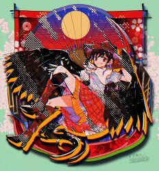  1girl :d bandana bandana_around_neck black_hair black_wings blue_shirt boots brown_boots brown_hat commentary_request cowboy_hat full_body grin hand_on_headwear hat highres horse_girl horse_tail itomugi-kun kurokoma_saki looking_at_viewer medium_hair red_eyes red_skirt shirt short_sleeves signature skirt smile solo tail touhou uroko_(pattern) watermark wings 
