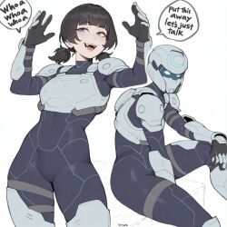  1girl arm_guards armor artist_name black_bodysuit black_hair blue_bodysuit blue_eyes blunt_bangs bodysuit breastplate commentary covered_navel cowboy_shot english_text fangs helmet highres invincible_(series) justkiryupa missing_headwear open_mouth power_armor shoulder_guard sitting solo spandex speech_bubble tech_jacket twintails white_background zoe_thompson_(invincible) 