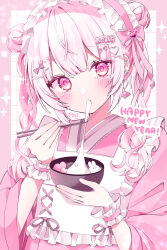  1girl absurdres apron blush border bow bowl charm_(object) chibana_sora chopsticks commentary dot_nose double_bun ear_piercing earrings eating english_commentary frilled_apron frills gem grid_background hair_bow hair_bun hair_ornament hair_ribbon happy_new_year heart heart-shaped_gem heart_hair_ornament heart_in_eye highres holding holding_bowl holding_chopsticks holding_with_chopsticks japanese_clothes jewelry kimono long_hair long_sleeves looking_at_viewer maid maid_apron maid_headdress open_mouth original piercing pink_border pink_bow pink_eyes pink_gem pink_hair pink_kimono pink_ribbon pink_theme ribbon sidelocks snake_hair_ornament solo symbol_in_eye white_background wide_sleeves x_hair_ornament 