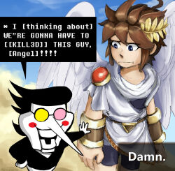  2boys ahoge alana_(alonzoarts) angel angel_wings artist_name black_hair blue_sky blush_stickers brown_hair commentary crossover deltarune english_commentary i_think_we're_gonna_have_to_kill_this_guy_steven_(meme) kid_icarus kid_icarus_uprising laurel_crown looking_at_another male_focus meme multiple_boys open_mouth pit_(kid_icarus) pointy_nose sky spamton_g._spamton utdr_(toby_fox) wings 