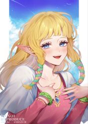  1girl blonde_hair blue_eyes blue_sky bracelet capelet clouds dress english_text eyelashes hair_rings highres jewelry long_hair looking_at_viewer miviy19 necklace nintendo pink_dress pointy_ears princess_zelda sky smile solo the_legend_of_zelda the_legend_of_zelda:_skyward_sword watermark white_capelet 