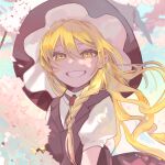  1girl :d blonde_hair braid cherry_blossoms day grin hair_between_eyes hat highres kirisame_marisa long_hair looking_at_viewer outdoors puffy_short_sleeves puffy_sleeves shi_chimi short_sleeves smile solo teeth touhou upper_body very_long_hair wing_collar witch_hat yellow_eyes 