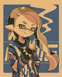  1girl cigarette closed_mouth commentary eyebrow_cut glasses highres holding holding_cigarette inkling inkling_girl inkling_player_character long_hair mu7_6na multicolored_sweater pointy_ears round_eyewear smoke solo splatoon_(series) splatoon_3 standing sweater tentacle_hair thick_eyebrows untranslatable_commentary upper_body wavy_hair 