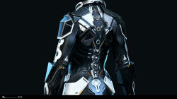  3d armor armored_bodysuit black_bodysuit blender_(medium) bodysuit commentary company_logo company_name copyright_logo copyright_name dark_background dated english_commentary eve_online from_behind grey_background grey_bodysuit grey_theme highres logo marmoset_toolbag_(medium) no_humans official_art realistic science_fiction undoz upper_body zbrush_(medium) 