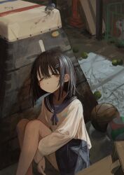  1girl :< =_= absurdres ball basketball_(object) bird black_hair blue_bird blue_ribbon blue_sailor_collar blue_skirt blunt_ends closed_eyes closed_mouth commentary_request eliot_(eokaitekaite969) feet_out_of_frame gym_storeroom hair_ornament hair_over_eyes hairclip highres indoors knees_up light_blush long_sleeves neck_ribbon original ribbon sailor_collar school_uniform shirt short_hair skirt soccer_ball solo tennis_ball traffic_cone vaulting_horse volleyball_(object) white_shirt 