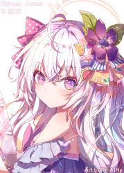  1girl absurdres ahoge artist_name azusa_(blue_archive) azusa_(swimsuit)_(blue_archive) bare_shoulders bead_necklace beads bikini blue_archive bow bowtie character_name closed_mouth commentary_request detached_sleeves dot_mouth dot_nose flower food-themed_hair_ornament food_print frilled_sleeves frills from_side fruit_hair_ornament fruit_print hair_bow hair_flower hair_ornament halo highres holding jewelry kiriaina leaf_hair_ornament long_hair looking_at_viewer loose_hair_strand multicolored_hair necklace orange_print pink_bow pink_bowtie polka_dot polka_dot_bow portrait ruffle_bikini short_sleeves sidelocks simple_background solo striped_bow swimsuit two_side_up vertical-striped_bow violet_eyes watermark white_background white_hair yellow_bow 