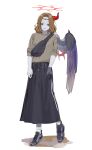  1girl absurdres alternate_costume brown_hair capricious_darklord casual colored_skin duel_monster fallen_angel fanny_pack feathered_wings gloves grey_skin halo highres horns lmn9911 long_skirt long_sleeves medium_hair parted_lips red_eyes shirt single_glove single_horn single_wing skirt sleeves_rolled_up solo wings yu-gi-oh! 