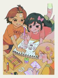  1girl 2boys absurdres alternate_costume alternate_eye_color antenna_hair aubrey_(faraway)_(omori) aubrey_(headspace)_(omori) aubrey_(omori) bangs_pinned_back basil_(faraway)_(omori) basil_(omori) black_eyes black_hair black_shorts blonde_hair blue_eyes blue_overalls bow bright_pupils brown_eyes brown_hair bun_bunny_(omori) cupcake_bunny_(omori) dark-skinned_male dark_skin drawing_(action) drawing_(object) dust_bunny_(omori) fish_bunny_(omori) flower forest_bunny?_(omori) forest_bunny_(omori) ghost_bunny_(omori) hair_bow hair_flower hair_ornament hairclip hero_(headspace)_(omori) hero_(omori) highres holding holding_pencil jash_(omori) kel_(faraway)_(omori) kel_(headspace)_(omori) kel_(omori) long_hair milkymilkyshark missing_tooth multiple_boys omori omori_(omori) orange_shirt overalls pencil pink_bow pink_shirt shirt short_hair shorts sidelocks slime_bunny_(omori) snow_bunny_(omori) sticker sticker_on_face t-shirt teeth tongue upper_teeth_only white_pupils yellow_shirt 