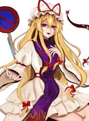  1girl 83mkneinlsqmebq absurdres blonde_hair bow commentary_request dress frilled_dress frills gap_(touhou) hair_bow hat hat_ribbon highres long_hair long_sleeves looking_at_viewer mob_cap open_mouth purple_tabard ribbon road_sign sign simple_background smile solo tabard touhou very_long_hair violet_eyes white_background wide_sleeves yakumo_yukari 