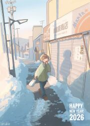  1girl 2026 absurdres ariake_(shiroan_koshian) bag blue_pants brand_name_imitation brown_hair brown_shoes building commentary_request earmuffs green_sweater happy_new_year highres holding holding_bag morning original pants power_lines scenery shadow shoes short_hair sidewalk sky snow solo sweater town utility_pole walking winter yawning 