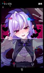  1girl ama_some_(kr0ri) ascot black_nails blush border bow bowtie breast_curtains center_frills drill_hair fake_phone_screenshot fake_screenshot frills gem glitch hairband heart heart-shaped_pupils highres looking_at_viewer meme mole mole_under_eye open_mouth pointy_ears purple_ascot purple_bow purple_bowtie purple_gem purple_hair purple_hairband red_eyes shrug_(clothing) sideboob_cutout solo sweat symbol-shaped_pupils teeth through_medium through_screen twitter_header_won't_fit_(meme) user_interface vivian_banshee white_shrug yandere zenless_zone_zero 