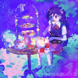  1girl artist_name basil_(headspace)_(omori) basil_(omori) black_shoes bright_pupils character_doll collared_shirt colored_skin commentary cup doll double-parted_bangs english_commentary food forest_bunny_(omori) fruit hair_between_eyes holding holding_cup mari_(headspace)_(omori) mari_(omori) mewo mochapuffz neckerchief omori purple_hair purple_sky red_neckerchief shirt shoes short_sleeves sitting sky solo stuffed_toy teacup violet_eyes watermelon watermelon_slice white_pupils white_shirt white_skin 