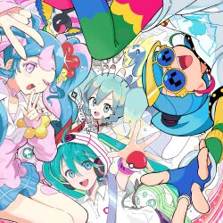  4girls aqua_eyes aqua_hair aqua_skirt arm_up beak beanie bird bird_wings black_dress blue_eyes blue_hair blush chatot choker closed_eyes closed_mouth collar collared_shirt colored_eyelashes commentary_request dress earrings eyewear_on_head fairy_miku_(project_voltage) fingerless_gloves fingernails flower geodude gloves green_hair hair_between_eyes hair_flower hair_ornament hat hatsune_miku headphones heart heart_choker highres irasutogakari jacket jewelry jigglypuff long_hair looking_at_another looking_at_viewer meloetta meloetta_(aria) miniskirt multiple_girls multiple_persona musical_note nail_polish neckerchief normal_miku_(project_voltage) official_alternate_costume official_alternate_hairstyle one_eye_closed open_mouth parrot pink_choker pink_hair pink_jacket pink_nails pink_shirt plaid_clothes plaid_skirt poke_ball poke_ball_print poke_ball_symbol pokemon pokemon_(creature) pokemon_day project_voltage psychic_miku_(project_voltage) red_flower rock_miku_(project_voltage) scrunchie sheet_music shirt shoes single_glove skirt smile sunglasses teeth twintails v very_long_hair vocaloid white_collar white_gloves white_neckerchief white_shirt wings wrist_scrunchie yellow_flower 