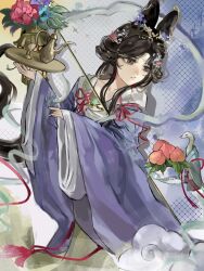  1girl black_eyes black_hair chinese_clothes chinese_commentary clouds commentary_request cup drop_shadow facial_mark feixianji_(hairstyle) flower food forehead_mark fruit hagoromo hair_flower hair_ornament hair_rings hanfu highres holding holding_tray huadian jiu_niangzi jiu_niangzi_(blossom_spring_fairy) kettle lantern long_hair looking_at_animal official_alternate_costume peach pink_flower purple_background purple_flower purple_hanfu qianwei_yuanqing reverse:1999 shawl snake solo tray triangle_mouth upper_body white_shawl white_sleeves 