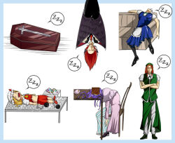  6+girls apron ascot bat_wings beret black_pantyhose black_ribbon black_shoes black_skirt black_vest blonde_hair blue_skirt blue_vest book book_on_head chain chair closed_eyes closed_mouth coffin commentary couch crescent crescent_hat_ornament crossed_arms crystal_wings dress flandre_scarlet green_hat green_shoes green_skirt green_vest hand_on_own_stomach hands_on_own_shoulders hat hat_ornament head_rest hidaruma hong_meiling izayoi_sakuya koakuma leaning_back long_dress long_hair long_sleeves maid_apron mob_cap multiple_girls navel neck_ribbon necktie object_on_head pants pants_under_skirt pantyhose patchouli_knowledge puffy_short_sleeves puffy_sleeves purple_hair purple_hat purple_robe red_hair red_necktie red_shoes red_skirt red_vest remilia_scarlet ribbon ribbon-trimmed_hat robe scarlet_devil_mansion sharp_teeth shirt shoes short_hair short_sleeves simple_background sitting skirt sleeping socks spikes spoken_zzz star_(symbol) star_hat_ornament striped_clothes striped_dress teeth touhou unworn_wings upside-down vertical-striped_clothes vertical-striped_dress vest waist_apron white_apron white_background white_hair white_hat white_pants white_shirt white_socks wings x_navel yellow_ascot zzz 
