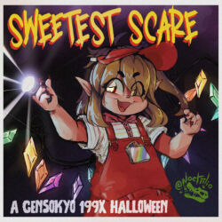  1girl :d ahoge album_cover album_name alternate_costume artist_logo artist_name blonde_hair blush_stickers border buttons candy commentary cover cowboy_shot crystal crystal_wings dark_background dress english_commentary eyes_visible_through_hair fangs film_grain fingernails flandre_scarlet flashlight flashlight_beam flat_chest food hair_over_eyes halloween hands_up hat highres holding holding_flashlight logo long_sidelocks looking_to_the_side medium_hair multicolored_wings nail_polish noctiilio one_side_up open_mouth overalls pocket pointy_ears rainbow_print red_dress red_eyes red_hat red_nails red_nose red_overalls sharp_fingernails shirt short_sleeves side_ponytail sidelocks simple_background smile solo straight-on striped_clothes striped_shirt touhou v-shaped_eyebrows visor_cap white_border white_shirt wings 