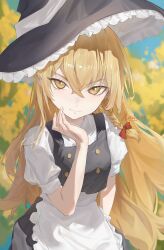  1girl absurdres apron artist_name black_hat black_skirt blonde_hair blurry blurry_background bow braid closed_mouth collared_shirt commentary crossed_bangs english_commentary field fingernails flower flower_field frilled_apron frills hair_between_eyes hair_bow hand_up hat highres kirisame_marisa long_hair longxiao2784 looking_at_viewer nail_polish outdoors puffy_short_sleeves puffy_sleeves red_bow shirt short_sleeves side_braid single_braid skirt skirt_set smile solo touhou upper_body waist_apron white_apron white_nails witch_hat yellow_eyes yellow_flower 