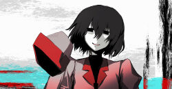  1girl black_eyes black_hair chidori_(penguin_matsuno) highres lapels long_sleeves monogatari_(series) naoetsu_high_school_uniform no_pupils notched_lapels oshino_ougi pink_shirt school_uniform shirt short_hair sleeves_past_fingers sleeves_past_wrists solo upper_body 