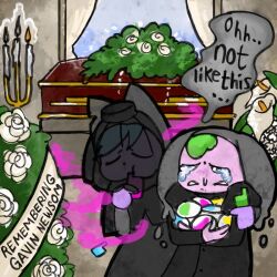  2girls basket black_dress black_veil candle candlestand closed_eyes colored_skin commentary crying day dress english_text flower funeral funeral_veil green_hair holding indoors multiple_girls original purple_skin rose see-through_clothes see-through_veil sillypoo speech_bubble tears untranslatable_commentary veil white_flower white_rose window 