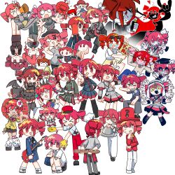  6+girls absurdres ahoge annotation_request ataman_ita_(synthesizer_v) baguette black_jacket black_serafuku bread candycookiechocolate_(vocaloid) character_request chef_hat commentary_request drill_hair food grey_shirt grey_skirt guitar hand_on_own_chest hat highres hito_mania_(utau) igaku_(utau) instrument irregular_man_(synthesizer_v) jacket kasane_teto kasane_teto_(sv) kasane_teto_(utau) kasane_teto_(voicepeak) katwo_inkya liar_dancer_(synthesizer_v) looking_at_viewer magical_miracle_metagalphose_(synthesizer_v) medium_hair mesmerizer_(vocaloid) multiple_girls obsolete_meat_(vocaloid) override_(synthesizer_v) pearto pink_hair pointing pointing_at_viewer red_eyes red_hair school_uniform serafuku shirt skirt tetoris_(synthesizer_v) twin_drills ultra_trailer_(synthesizer_v) v white_background 