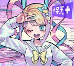  1girl ;d blonde_hair blue_bow blue_eyes blue_hair blue_shirt blush bow chouzetsusaikawa_tenshi-chan glitch hair_bow long_hair long_sleeves looking_at_viewer multicolored_hair needy_girl_overdose one_eye_closed open_mouth ozziemochi pink_bow pink_hair pink_nails purple_bow quad_tails sailor_collar shirt smile solo teeth twintails upper_body upper_teeth_only v yellow_bow 